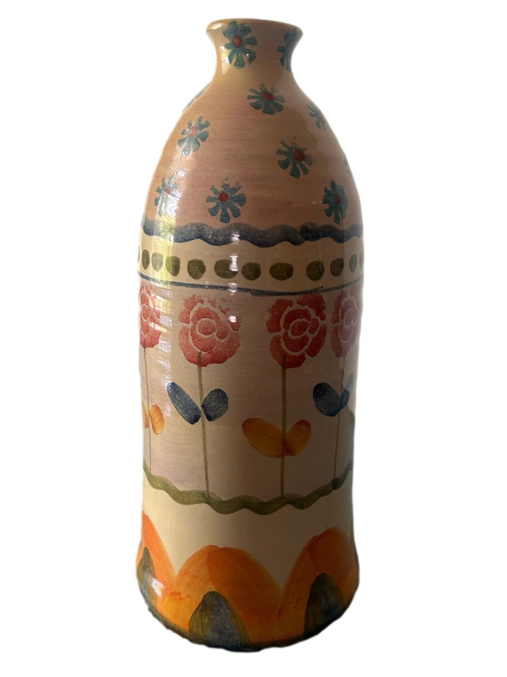Ceramic Vintage Hand Painted Italian Pottery Bottle Vase Floral Folk Art Ceramic